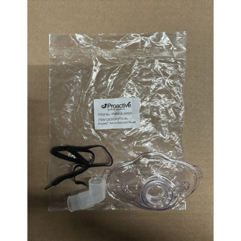 Proactive adult resuscitation mask in clear plastic packaging on a brown background
