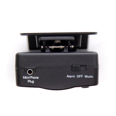 Black electronic device with 'Mini-Phone Plug' and 'Alarm OFF Music' labels on a white background