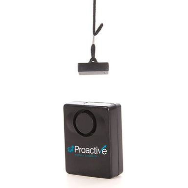 Black personal alarm with lanyard on a white background, featuring the Proactive logo.