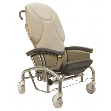 Beige reclining wheelchair with armrests on a white background