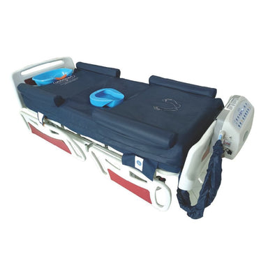 Medical stretcher with blue straps on a white background