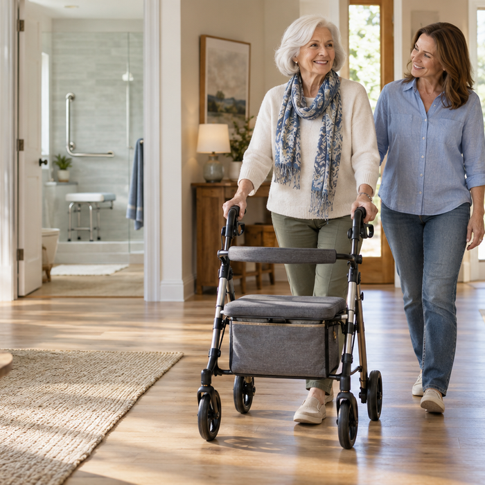 Older woman using a lightweight rollator in an accessible home with bathroom safety equipment and a folding mobility scooter.