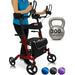 Red and black walker with a person using it, next to a silver kettlebell labeled '300 lb capacity' on a white background.
