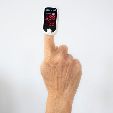 Finger with a pulse oximeter on a white background