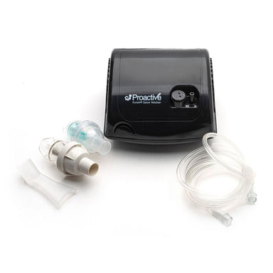 Black Proactive inhaler device with accessories on a white background