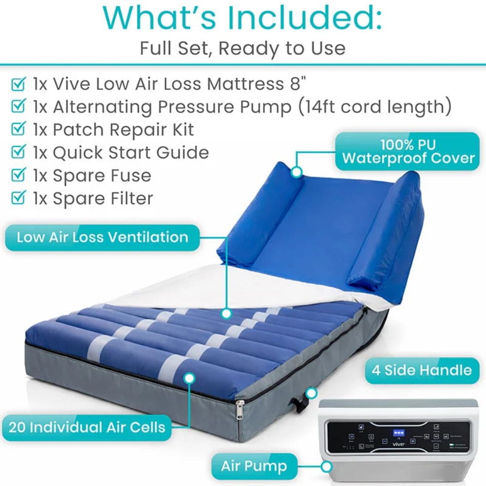 Blue inflatable mattress with pump and accessories on a white background