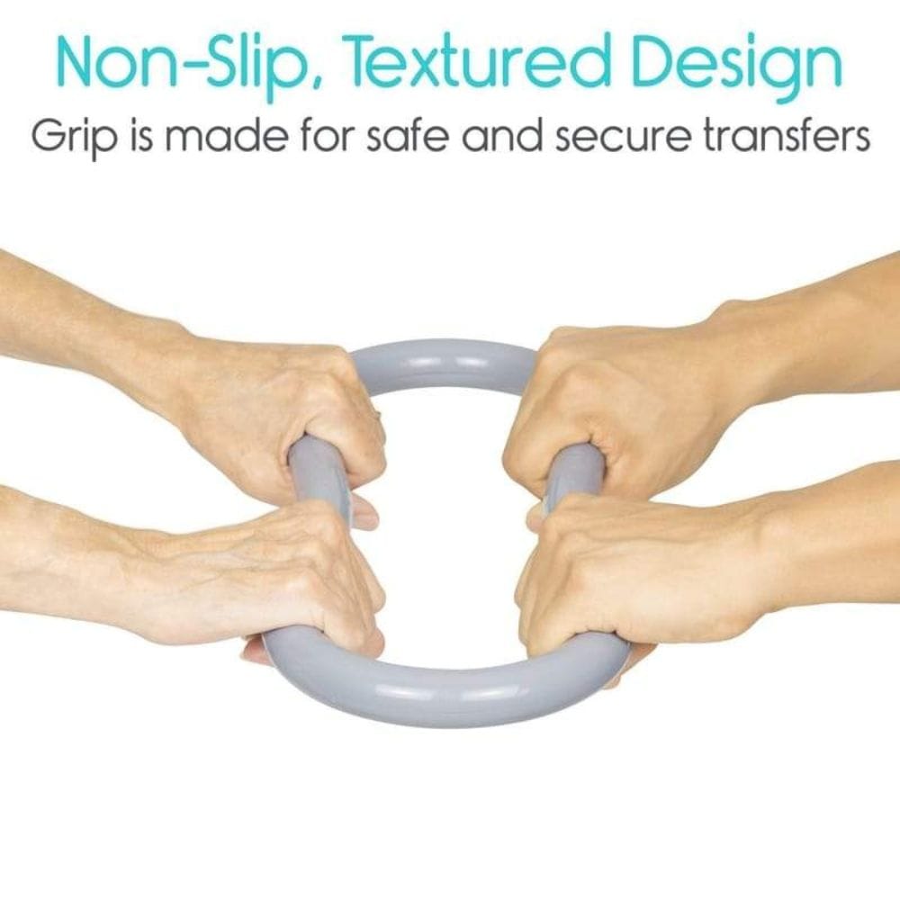 Two hands holding a gray handle with text about non-slip design on a white background