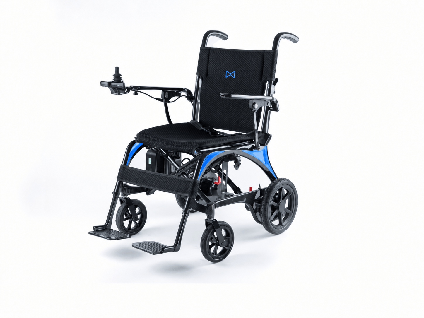 Monarch Mobility Ezi-Fold Carbon power wheelchair with black seating, blue carbon fiber frame, joystick control, and swing-away footrests.