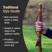 Wooden hiking stick held by a hand with text describing traditional style handles.