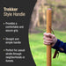 Wooden handle held by a person with text describing its features, set against a blurred natural background.