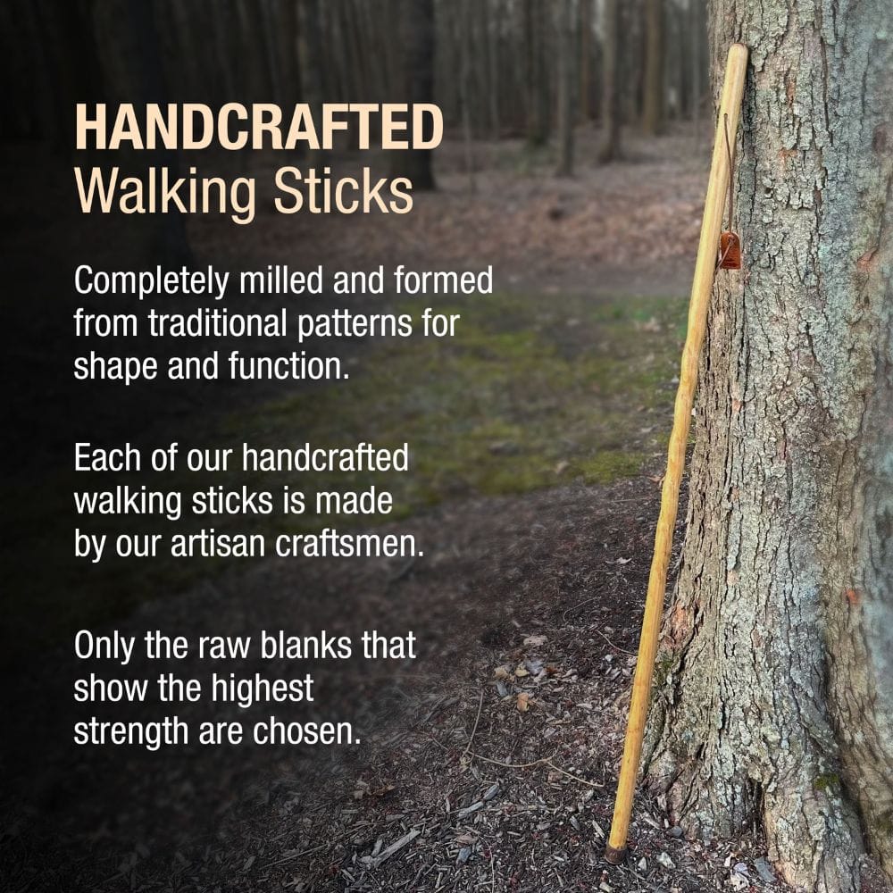 Handcrafted walking stick leaning against a tree in a forest setting with promotional text.
