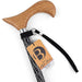 Wooden walking cane with black patterned handle and branded tag on a white background