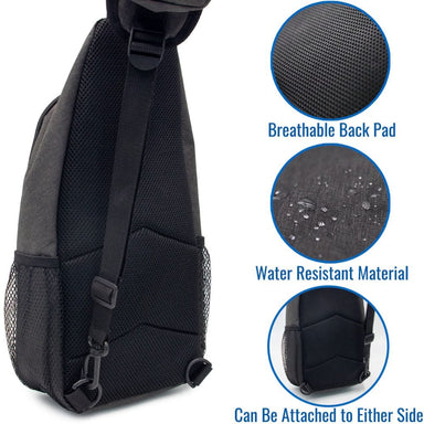 Black backpack with features highlighted on a white background