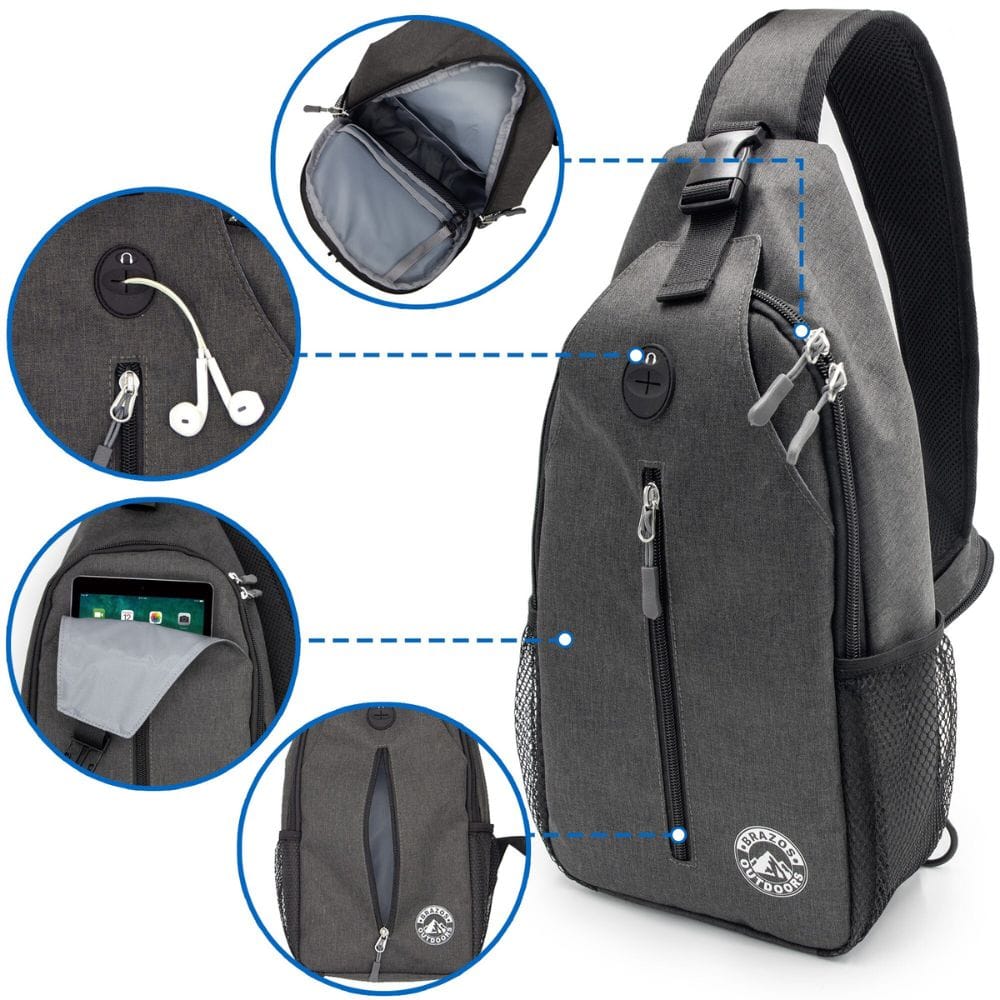 Gray sling bag with multiple compartments and features highlighted on a white background