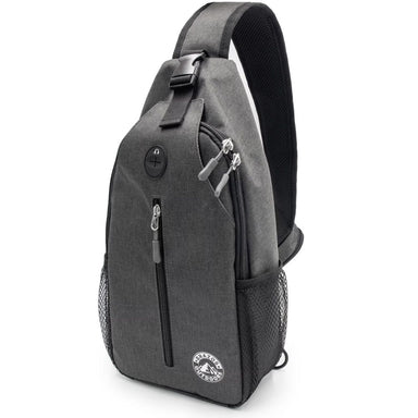 Gray sling bag with zippers and a visible brand logo on a white background