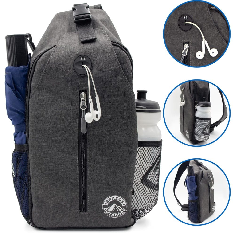 Gray backpack with water bottle holder and earbuds, featuring a brand logo.