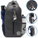 Gray backpack with water bottle holder and earbuds, featuring a brand logo.