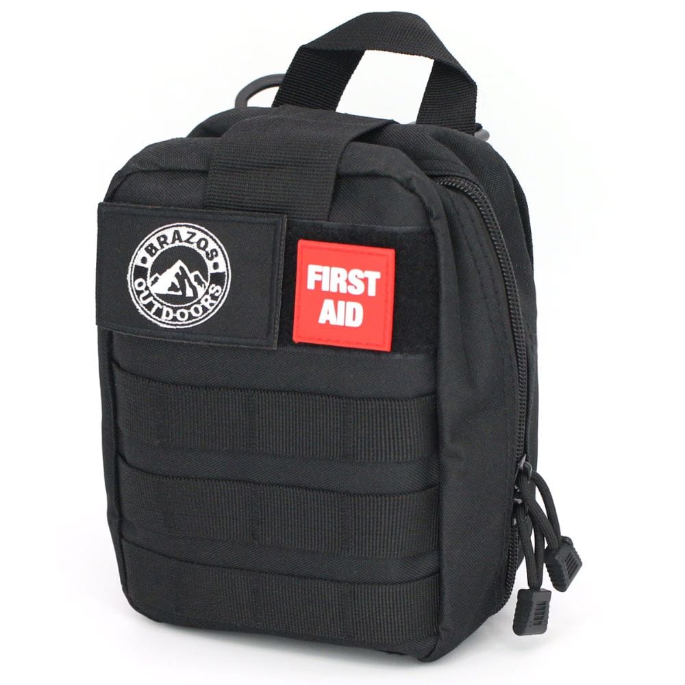 Black tactical first aid kit with visible branding on a white background