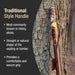 Traditional style handle on a hiking stick against a tree trunk