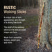Rustic walking stick leaning against a tree with descriptive text about its features.
