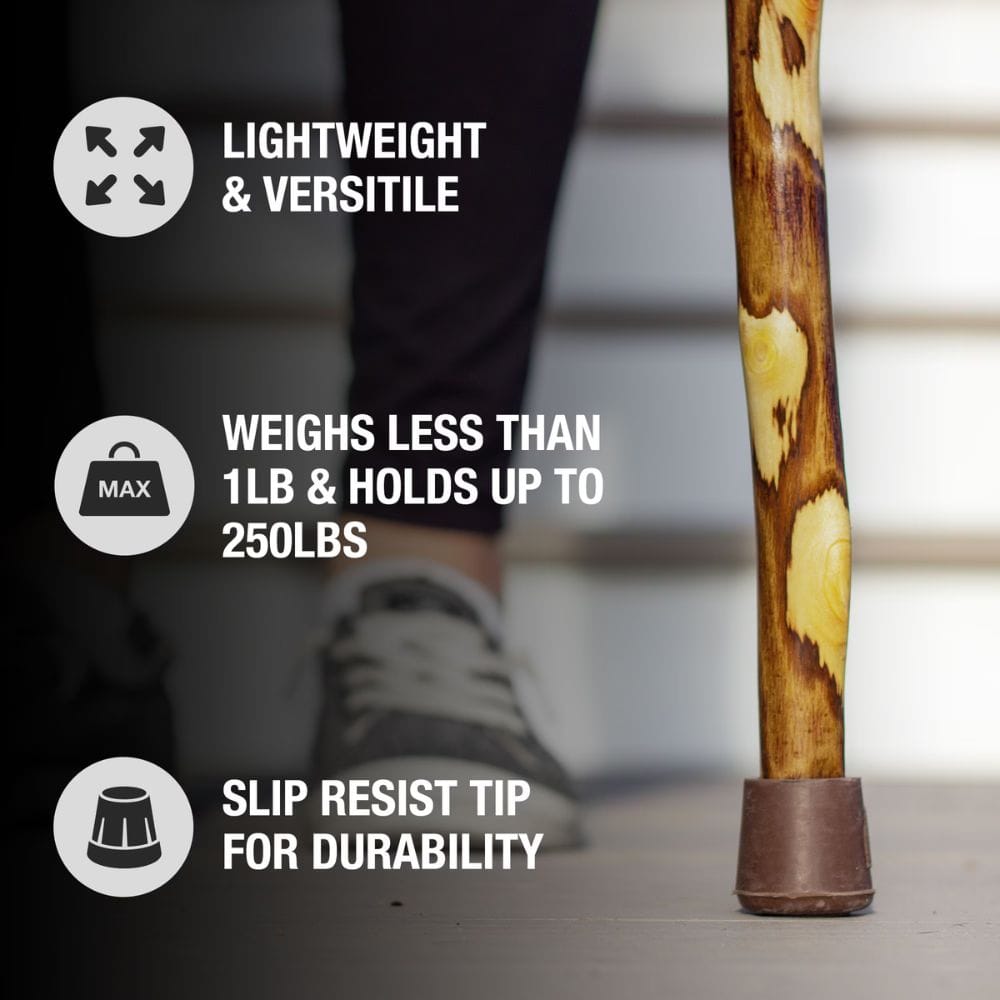 Cane with wooden handle and slip-resist tip, featuring text on its benefits.