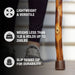 Wooden walking stick with text highlighting features on a blurred background of a person using it.