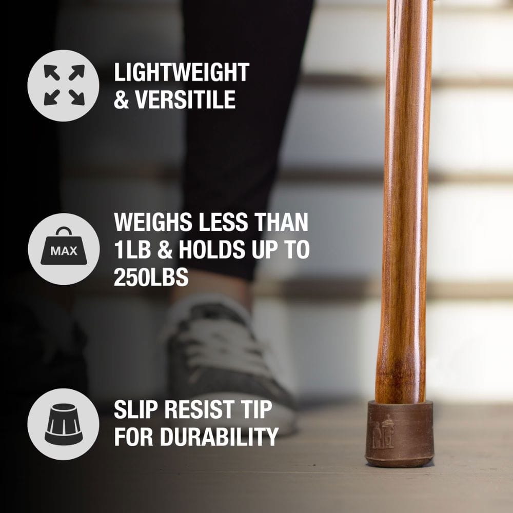 Wooden cane with text highlighting its features on a blurred background