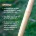 Bamboo walking stick with text about its properties on a blurred green background