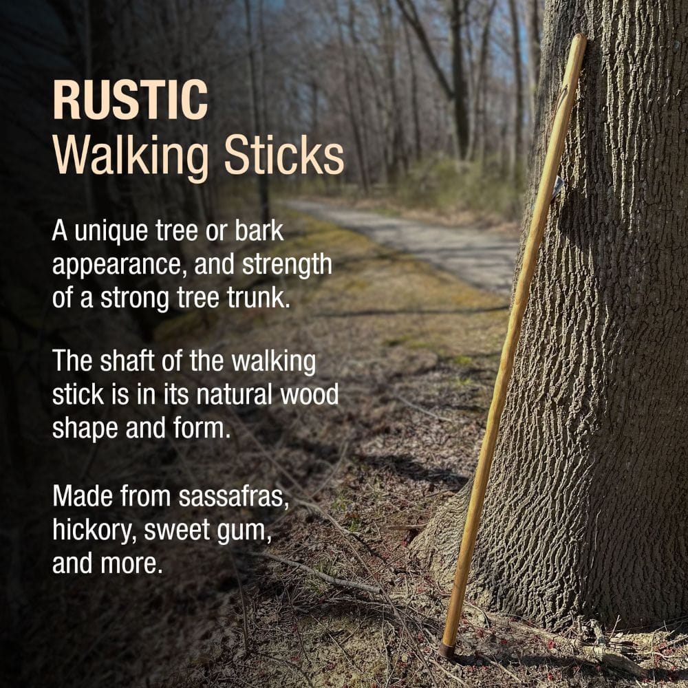 Rustic walking stick leaning against a tree with descriptive text about its features.