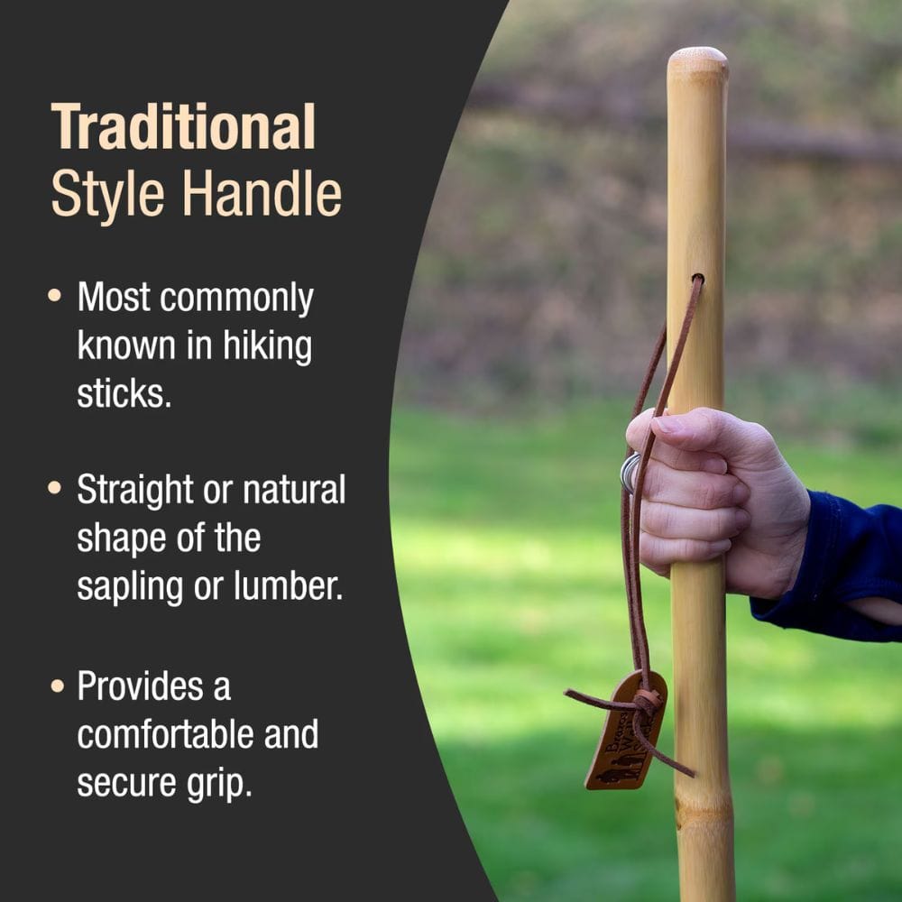 Hand holding a hiking stick with text about traditional style handles
