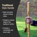 Hand holding a hiking stick with text about traditional style handles