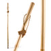 Wooden walking stick with leather strap and brand logo on a white background