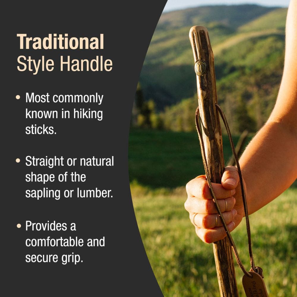 Hand holding a hiking stick with text about traditional style handles