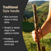 Hand holding a hiking stick with text about traditional style handles