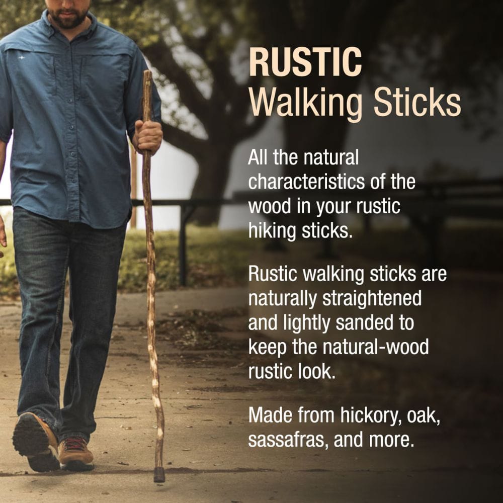 Man walking with a rustic walking stick in a natural setting