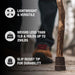 Wooden walking stick with text highlighting features on a blurred background of a person walking.