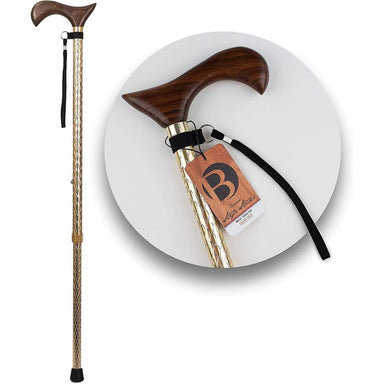 Wooden walking cane with a decorative handle on a white background