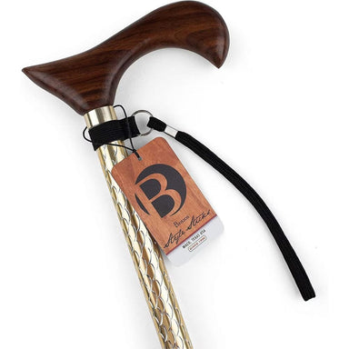 Wooden walking cane with gold accents and a branded tag on a white background