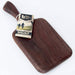 Wooden cutting board with a handle and a tag on a white background
