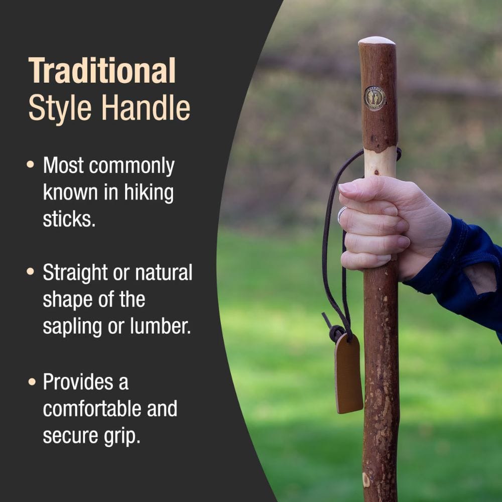 Hand holding a walking stick with text about traditional style handles