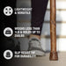 Wooden walking stick with text highlighting features on a blurred background