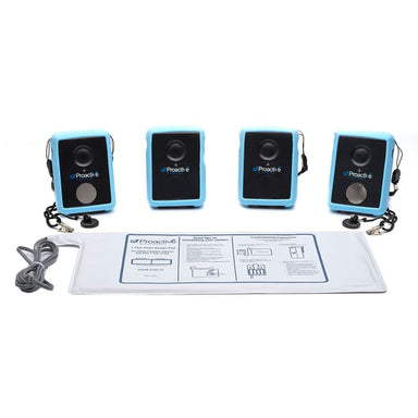 Four blue and black speakers with a manual on a white background