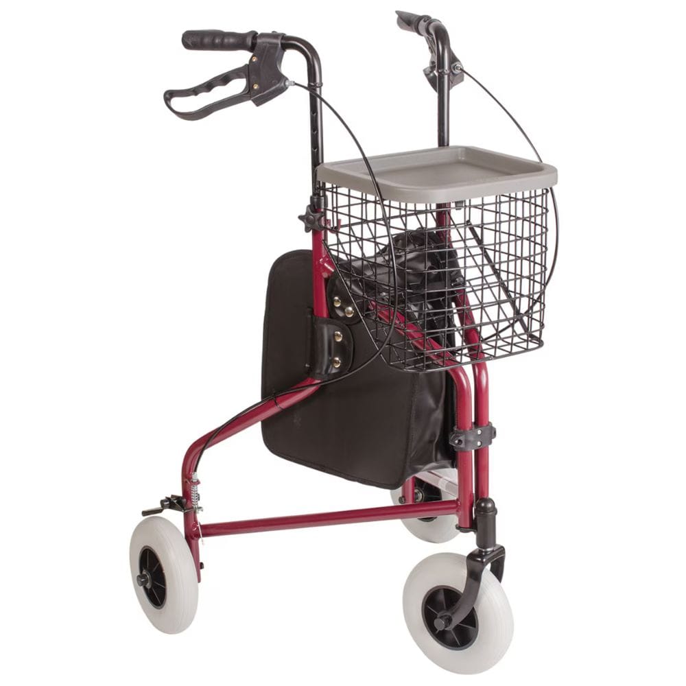 Red and black walker with a basket and seat on a white background
