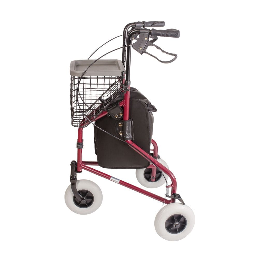Pink walker with basket and seat on a white background