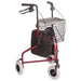 Red and black walker with a basket and seat on a white background