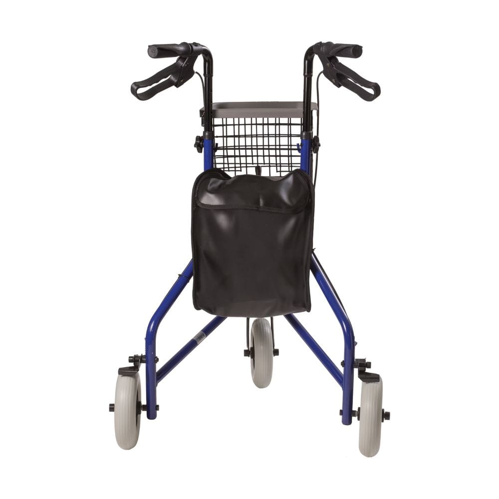 Blue walker with a black bag on a white background