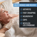 Woman lying down with a list of conditions helped by a product or treatment.