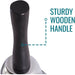 Sturdy wooden handle with text on a white background