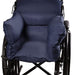 Navy blue wheelchair cushion on a black wheelchair
