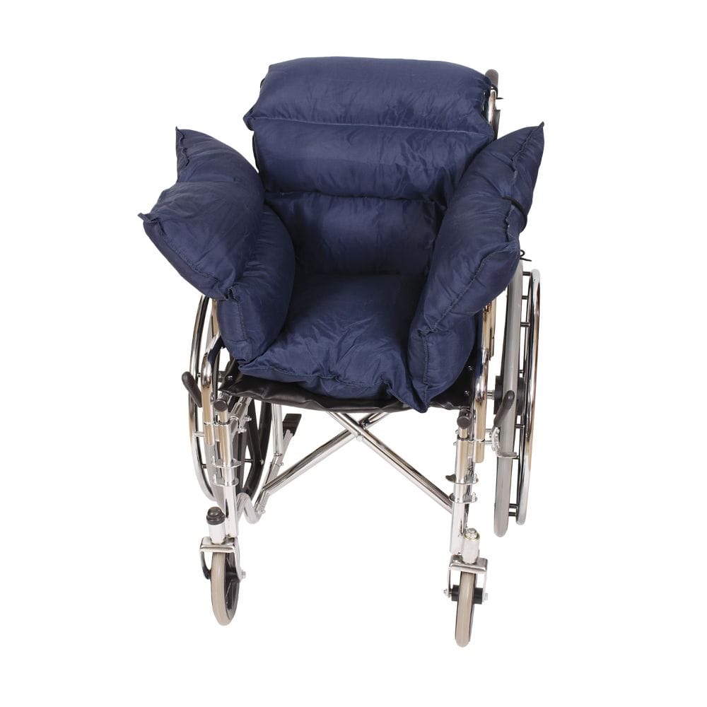 Wheelchair with navy blue cushions on a white background